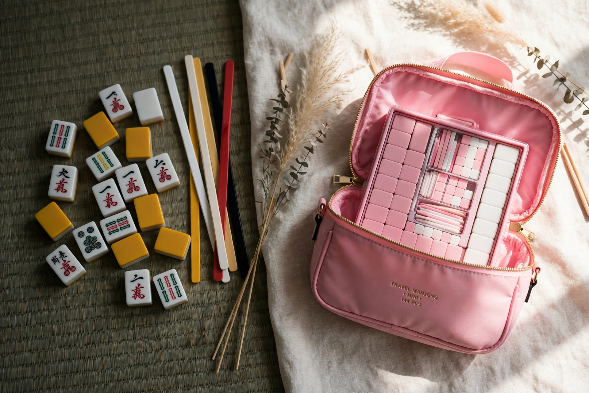 Riichi tiles and a mini travel mahjong set